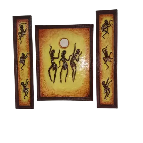 Handmade Warli Tribal Dance Wall Art – Set of 3 Panels (Sun Theme)